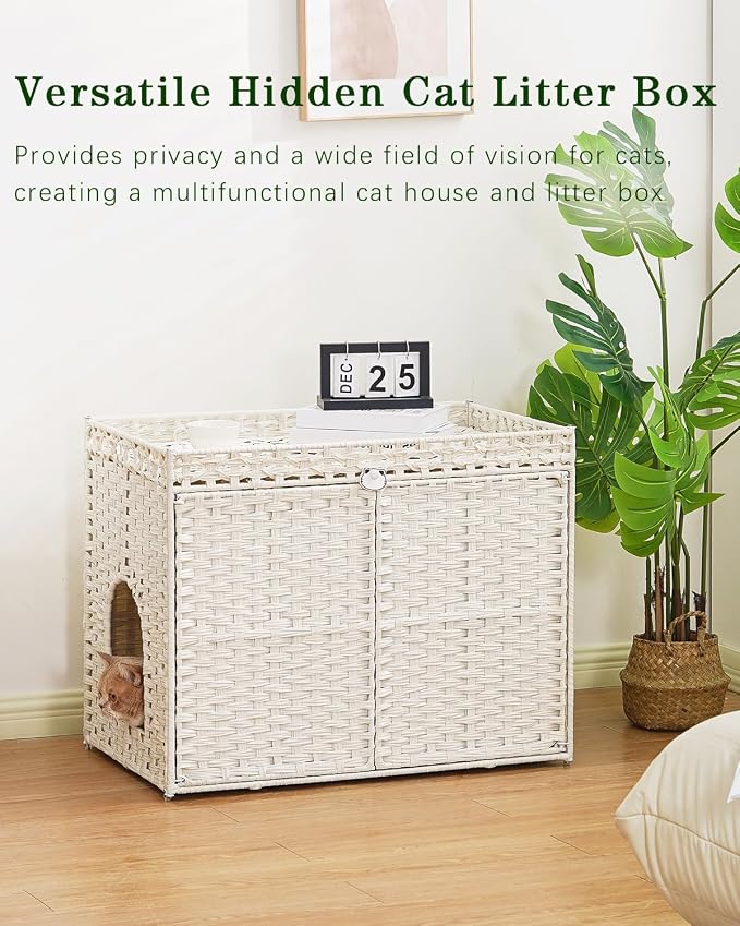 SETVSON Cat Litter Box Enclosure Furniture, Handwoven Rattan Hidden Litter Box with Mat, Large Space Cat House with 2 S-Shaped Hooks 30.3 x 18.3 x 24.4 Inches, Indoor for Living Room Apartment White - Image 7