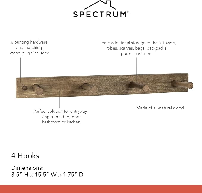 Spectrum Coat Rack Wall Mount 4 Peg Wooden Pegs Organizer for Hanging Coats Hats Bags Towels Jackets Purses, Easy Install Wall Mounted Peg Rack Hanger for Closet Entryway Bedroom Storage, Greige - Image 6