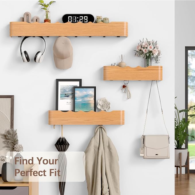 Coat Rack Wall Mount with Hidden Hooks, Wall Hooks with Shelf, Wall Key Holder Mount Wooden Shelf Entryway Hooks for Bedroom Bathroom for Hanging Coats Hats Bags Towels (Oak Wave-Shape, 8 Hooks) - Image 7