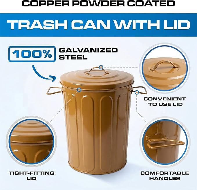 Plexon 5 Gallon Small Metal Trash Can with Lid Outdoor Galvanized Steel Bucket with Lid 5 Gal Storage Can for Dog Food Bird Seed Storage Container, Brown 6 Pack - Image 9