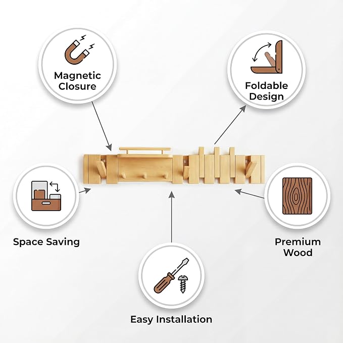 Mid Century Modern Wood Coat Rack Wall Mount with Shelf, 9 Hooks, Natural | Wood and metal wall rack with fold-down piano-key hooks and display shelf organizes coats, bags, keys and decor up to 25 lb. - Image 9