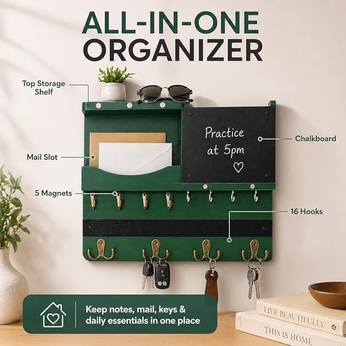 Key Holder for Wall Mount with Shelf and Mail Organizer, Key and Mail Holder with 16 Hooks, Farmhouse Entryway Organizer, Home Decor Rack (Pine Wood,Green) - Image 9