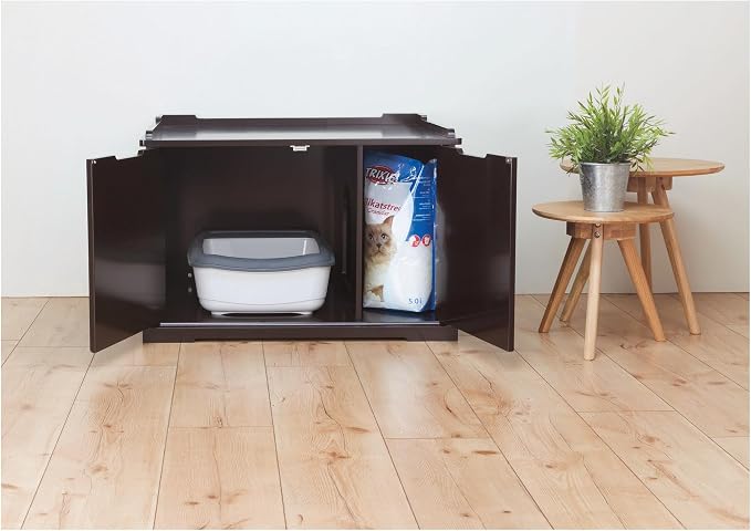 Trixie XL Furniture Litter Box Enclosure (Espresso Brown), Hidden Litter Box for Cats with Openings on Either Ends & Large Ventilations Slots, Double Doors for Easy Cleaning, Removable Divider - Image 9