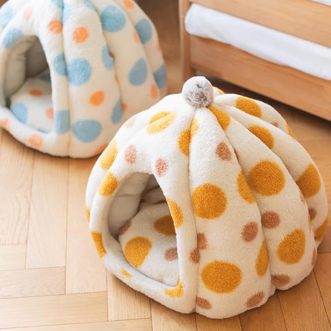 Cat Polka Dot Bed Cave, Plush Warm Enclosed Hideaway (Blue,Medium) | Yurt-inspired semi-open den, Soft comfy interior, Spotted pattern, Winter nap spot, Small apartment pet furniture - Image 7