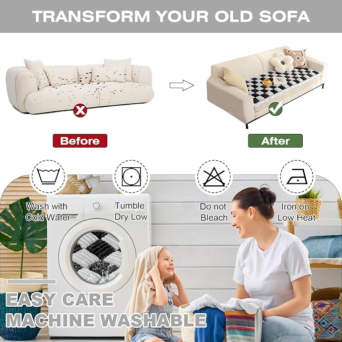 Fuzzy Couch Cover for Dog, Modern White Black Checkered Couch Cushion Cover | Non Slip Couch Cover for 2 Cushion Couch Sofa Pet Friendly, Washable Sofa Cover Durable Anti-pilling Furniture Protector - Image 9