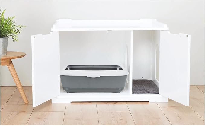 Trixie XL Furniture Litter Box Enclosure (White), Hidden Litter Box for Cats with Openings on Either Ends & Large Ventilations Slots, Double Doors for Easy Cleaning, Removable Divider - Image 8