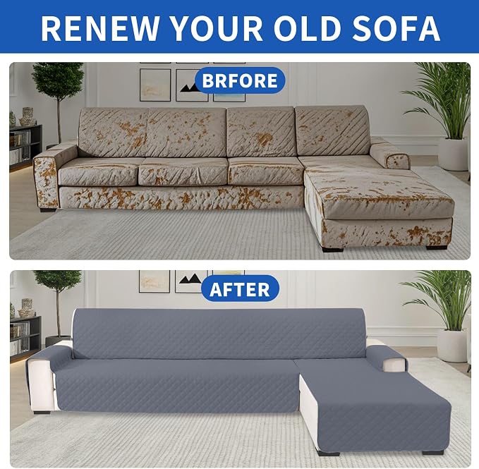 Waterproof Sectional Couch Covers for Dogs, Reversible L Shaped Couch Cover, Sectional Couch Covers L Shape for Pets Dog Cat, Quilted Sofa Covers Washable Sectional (Large, Dark Grey) - Image 7