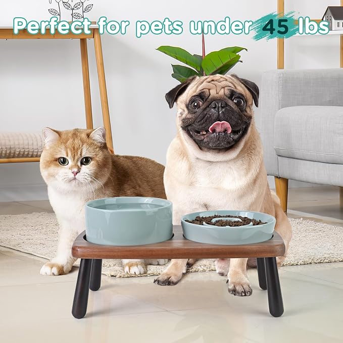SPUNKYJUNKY Ceramic Elevated Dog Bowls with Slow Feeder Raised with Acacia Bamboo Wooden Stand, 6.1'' Dog and Cat Food Water Bowls Set Non-Slip for Small Medium Sized Breed - Light Green - Image 7