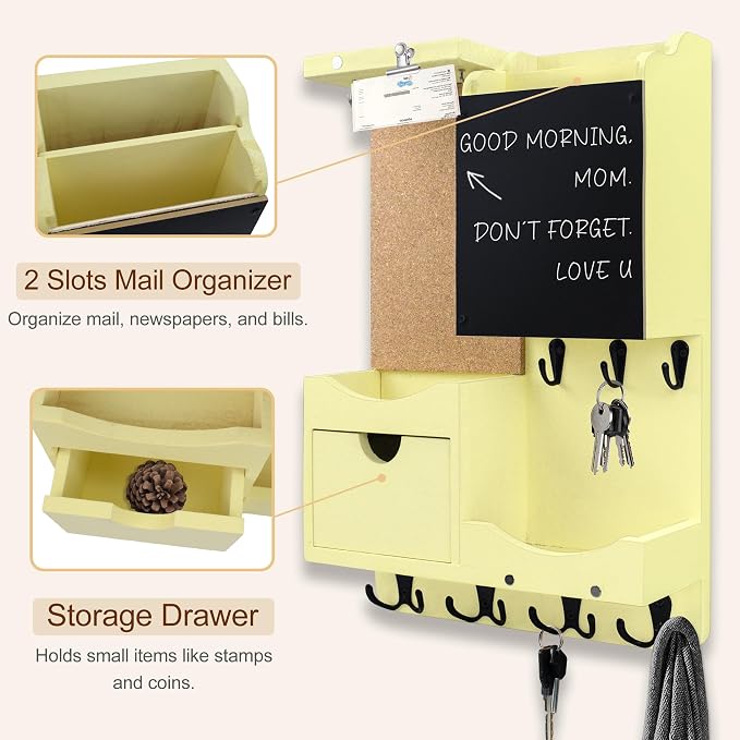 Key Holder Wall Mount, Mail Organizer Key Holder for Wall with Shelf, Drawer, Chalkboard, Corkboard, Home Decor Wall Mounted for Room Entryway (Ivory Yellow) - Image 8