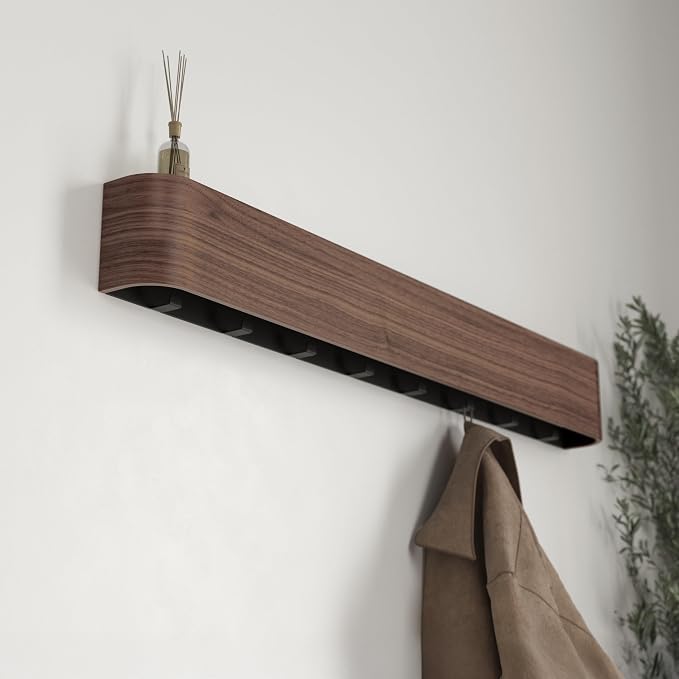 Kazai. Wall-Mounted Coat Rack 'Toke' - Modern Design with Hidden Wall Hooks - Solid Wood Veneer Panel Hanger - Walnut - Image 7