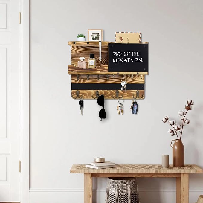 Key Holder for Wall Mount with Shelf and Mail Organizer, Key and Mail Holder with 16 Hooks, Farmhouse Entryway Organizer, Home Decor Rack(Pine Wood, Wood Color) - Image 9