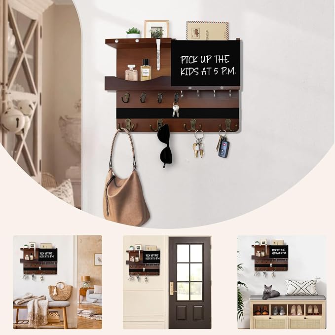 Key Holder for Wall Mount with Shelf and Mail Organizer, Key and Mail Holder with 16 Hooks, Farmhouse Entryway Organizer, Home Decor Rack(Pine Wood, Brown) - Image 8