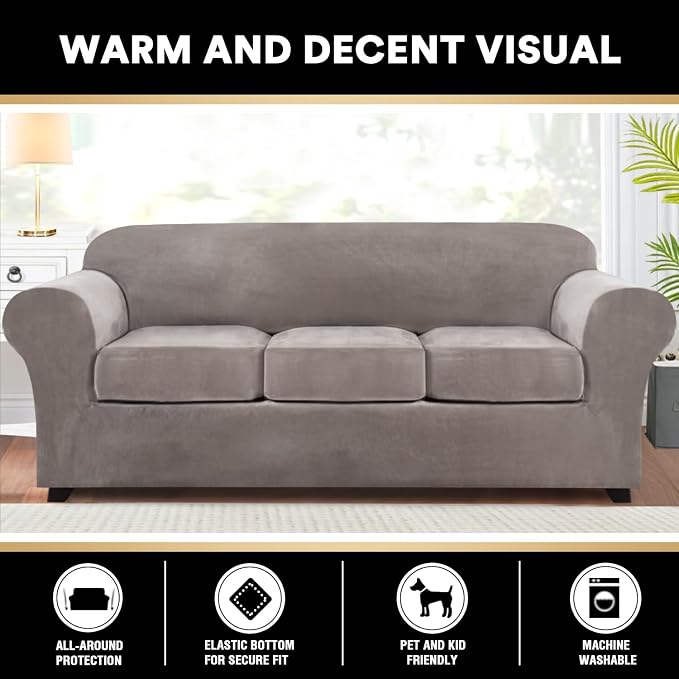 PrinceDeco Velvet Couch Covers for Sofa Soft 4 Pieces Couch Covers for 3 Cushion Couch Sofa Pet Friendly Furniture Protector with Non Slip Elastic Bottom Width Up to 90 Inch(Large, Taupe) - Image 7