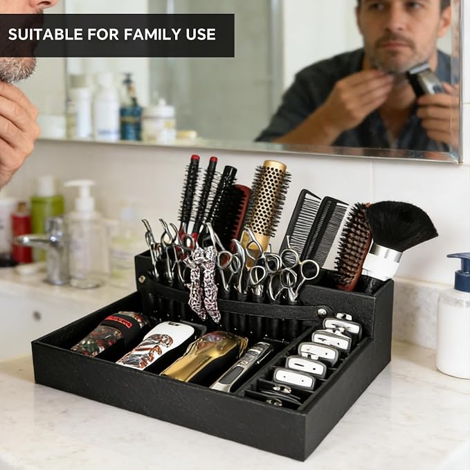 Barber Organizer Tray, 13.9 x 11.2 x 4.4 inch Adjustable Station for Clippers & Guards Scissors, Multifunctional Non-slip Barber&Salon Hair Tools Holder, with PU Leather Exterior Hairdressing Case - Image 9