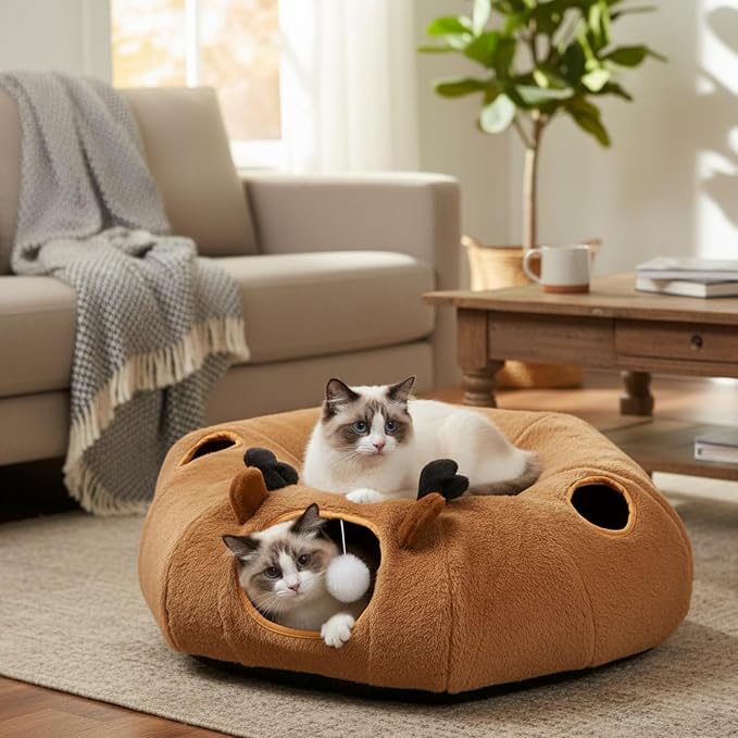 Cat Tunnel Bed with 20 Pcs Interactive Toys, 3-in-1 DIY Collapsible Plush Cat Tube with Washable Mat, Large Indoor Play Tunnel Cave for Kittens and Small Animals - Image 8