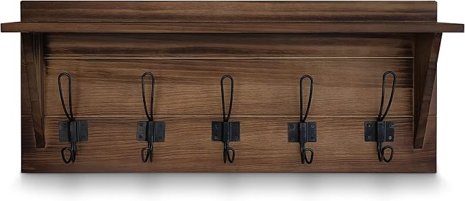 HBCY Creations Rustic Brown Solid Wood Wall Mounted Coat Rack with Shelf, 5 Hooks, 24" Long - Kitchen, Mudroom, Entryway, Bathroom - Includes Mounting Hardware, Coat Hanger, Dog Leash Hooks - Image 7
