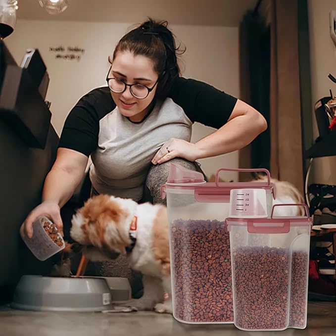 LEAWALK 2Pack Cat Dog Food Storage Container Upgraded Large Nozzle BPA-free, 3+5lbs Plastic Pet Food Containers, With 4 Sealed Clasps/1 Measuring Cup/Handle Easy Clean and Carry (Clear Pink) - Image 7