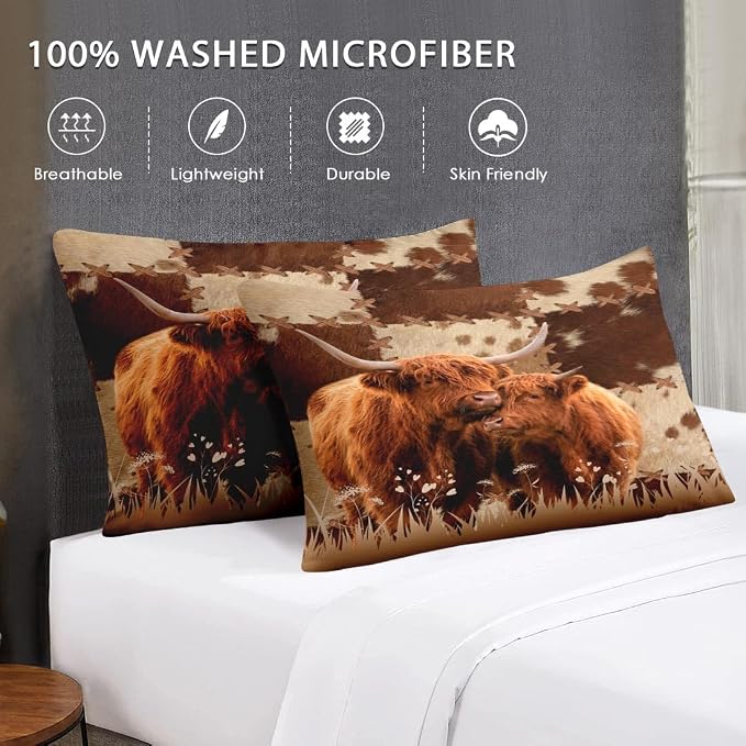 WeCozy Twin Size Bed Sheet Sets with Pillowcases, Highland Cow Animal Bull 3 Pcs Soft Microfiber Bedding for Kids and Adults, Farm Flat, Fitted Sheet for Bedroom Bed Decor - Image 7