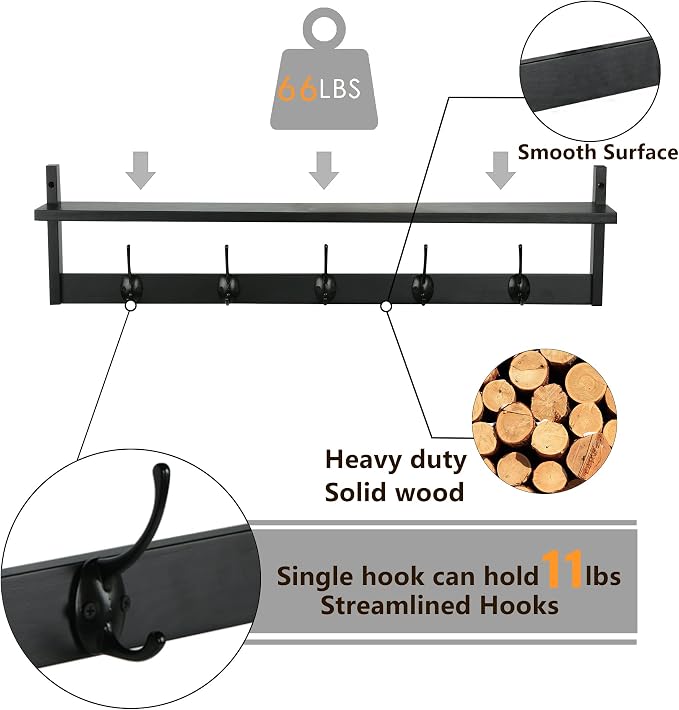 AMBIRD Wall Hooks with Shelf Entryway Hanging Wood Coat Hooks with Shelf Wall-Mounted Coat Hook Rack with 5 Dual Hooks for Bathroom, Living Room, Bedroom (Stylish Black) - Image 7