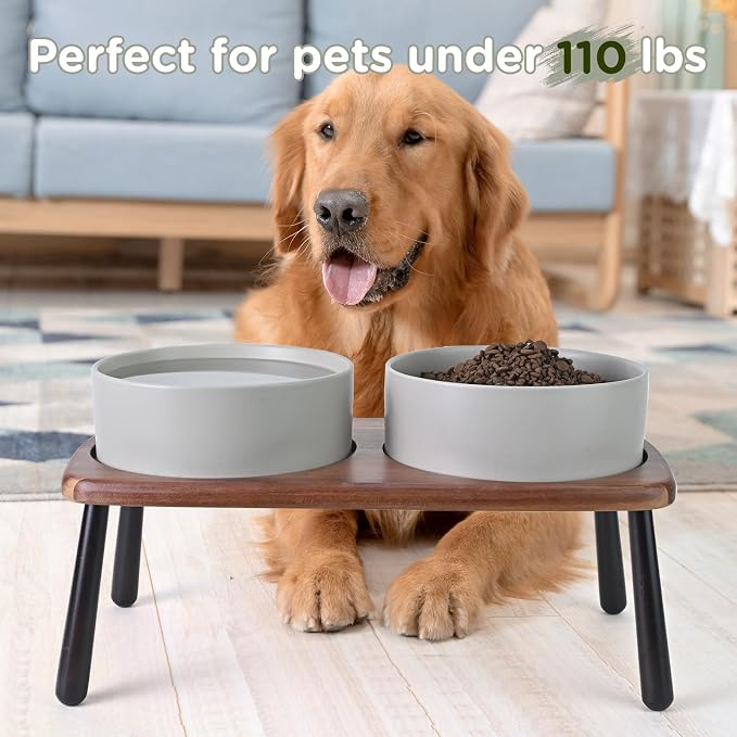 SPUNKYJUNKY Ceramic Elevated Dog Bowls Raised with Acacia Bamboo Wooden Stand, 8.3'' Dog Food Water Bowls Set Non-Slip for Medium Large Sized Breed Microwave Dishwasher Safe - 60 OZ,Grey - Image 7