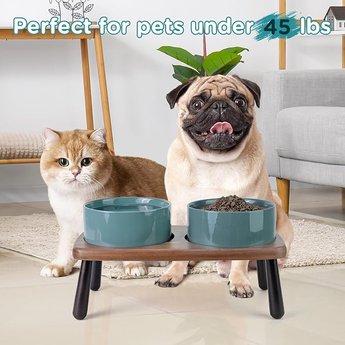 SPUNKYJUNKY Ceramic Elevated Dog Bowls Raised with Acacia Bamboo Wooden Stand, 6.1'' Dog Cat Food Water Bowls Set Non-Slip for Small Medium Sized Breed Microwave Dishwasher Safe - 28.7 OZ,Dark Green - Image 7