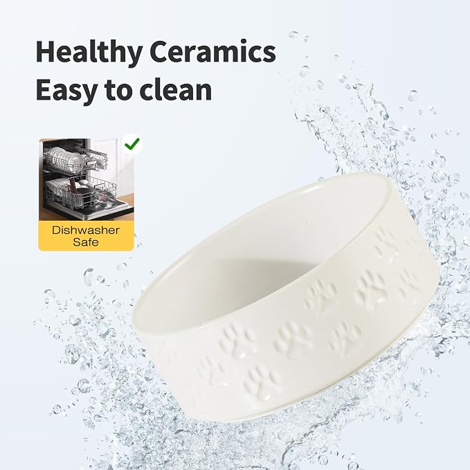 Elevated Ceramic Dog Bowl Set, Anti-Skid Bamboo Stand, White, 6.1 inch | Food and Water Bowls with Fixed Non-Slip Rubber Ring, Microwave Safe, Easy to Clean, 3.5 Cup per Bowl, for Small Breed Dogs - Image 6
