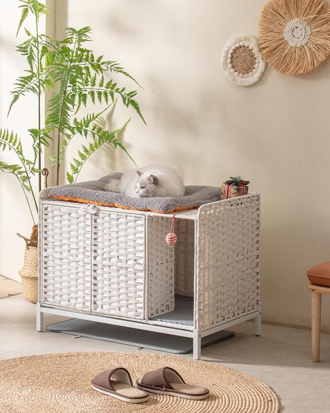 SETVSON Cat Litter Box Enclosure Furniture with Divider, Hidden House White | Handwoven PE Rattan with Washable Mat, 3.54-In Heightened Metal Feet, 31.2 x 19.6 x 24.2 Inches Spacious Cabinet - Image 6