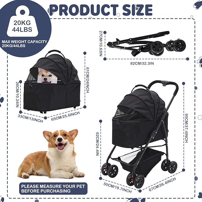 3-in-1 Pet Stroller,Foldable Cat Dog Strollers for Medium Dogs 20KG,Pet Travel Dog Stroller Pushchair with Detachable Carrier Car Seat