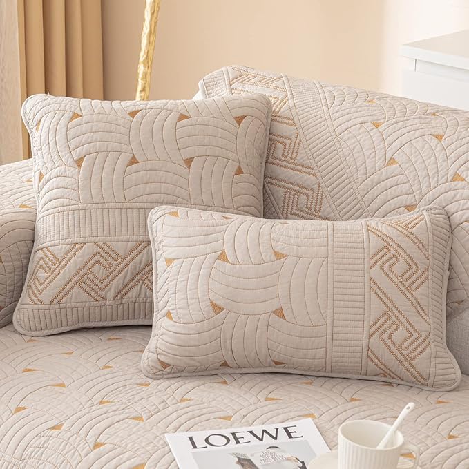 vctops Set of 2 Cotton Quilted Throw Pillow Covers Farmhouse Neutral Solid Color Pillow Cover Weave Embroidery Soft Cushion Case (Khaki,18"x18") by vctops