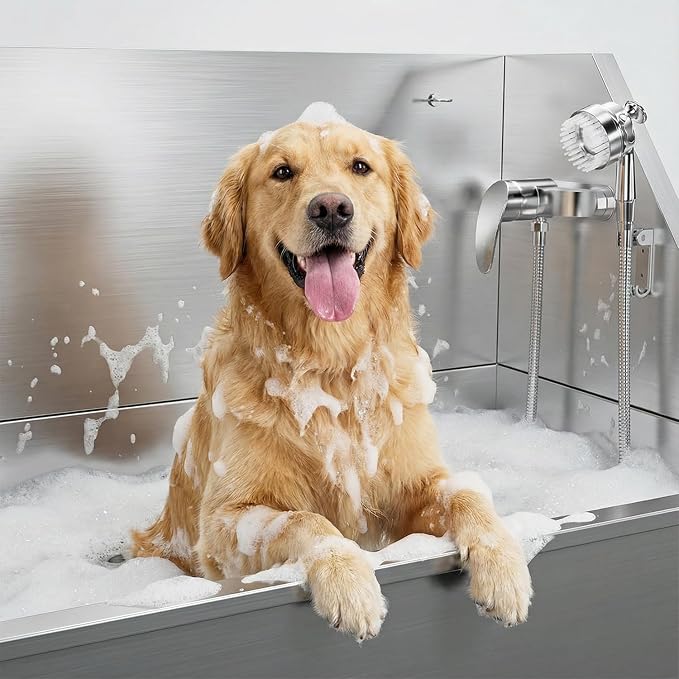 38" Dog Washing Station, Professional Stainless Steel Dog Grooming Tub Dogs Bathtub for Large & Medium Dogs, Height Adjustable Dog Bathing Station with Storage Basket, Faucet and Spray Head - Image 8