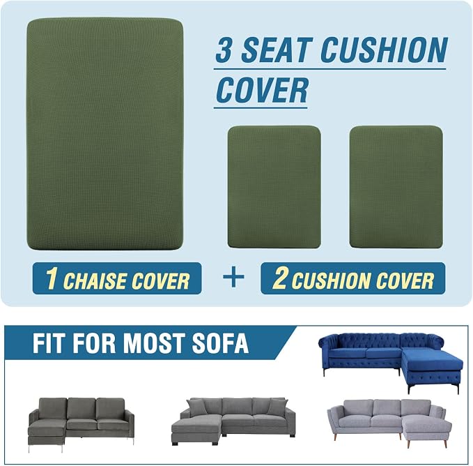 H.VERSAILTEX Sectional Couch Covers 3 Pieces Sofa Seat Cushion Covers L Shape Separate Cushion Couch Chaise Cover for Both Left/Right Sectional Couch (Seat Only: 1 Chaise + 2 Sofa, Bronze Green) - Image 8