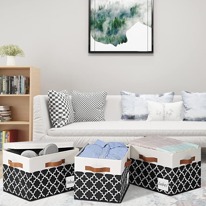 Large Storage Bins with Lids, Foldable Fabric Storage Baskets with Lids 6-Pack, Sturdy Storage Boxes with Labels and 3 PU Handles for Closet Home Bedroom Office (26L, Black Plaid&White) - Image 7