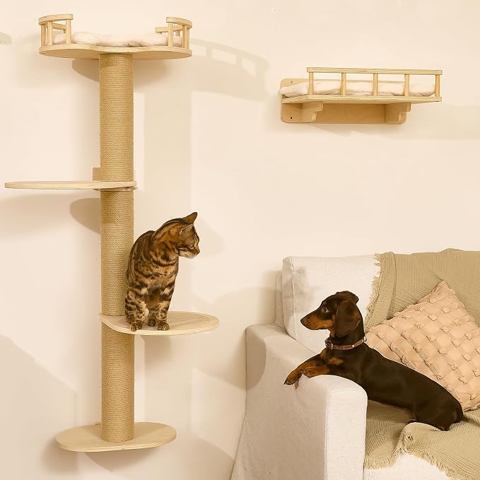 FUKUMARU Cat Wall Shelves, 4 in 1 Set, Beige | Stable Wooden Wall-Mounted Furniture Set, Climbing Tree with Hammock, Bed, Perch and Scratching Mat - Image 9