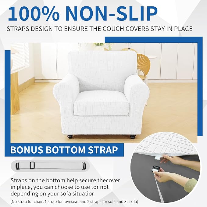 CYCMCAO Stretch 2 Piece Armchair Covers, Non Slip Chair Covers Armchair, Sofa Covers for Pets Washable with Elastic Bottom, Couch Slipcover for Kids, Dogs (Off-White), 31"-46" (1 Cushion) - Image 7