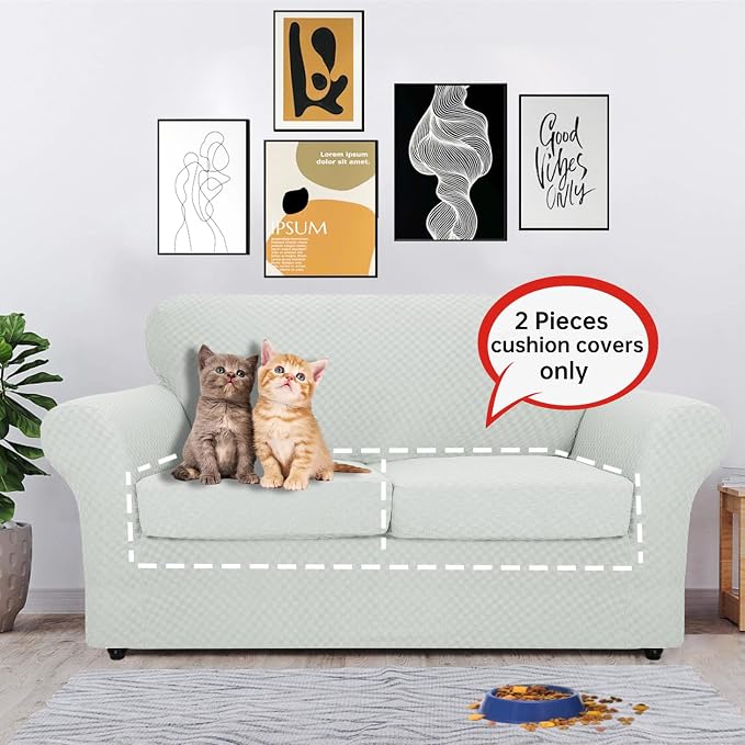 【Clearance】 Stretch Individual Cushion Covers Sofa Loveseat Seat Cushion Slipcovers Soft Couch Cover Replacement Large Checkered Furniture Protector with Elastic Bottom (2 Pc Cushion Cover, Ivory) - Image 8