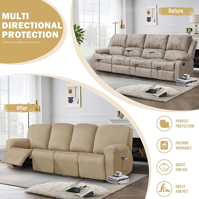 vctops Diamond Recliner Sofa Covers 10-Pieces Stretch Large RV Couch Covers for 4 Seats Reclining Slipcovers Soft Solid Furniture Protector (Light Coffee,4 Seat) - Image 5