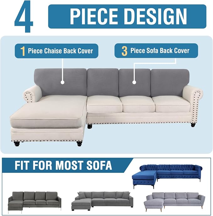 H.VERSAILTEX Backrest Cushion Covers Sectional Couch Back Cushion Covers for Sectional Sofa Set for Both Left/Right Couch (Back Only: 1 Chaise + 3 Sofa, Dove) - Image 8