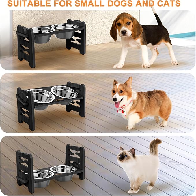 Elevated Dog Bowls - Adjustable Raised Dog Bowls - Dog Bowls with Stand - Dog Feeding Station for Small Dog and Cat with 2 Stainless Steel Bowls and Non-Slip Feet, Durable, Bamboo (Black) - Image 6