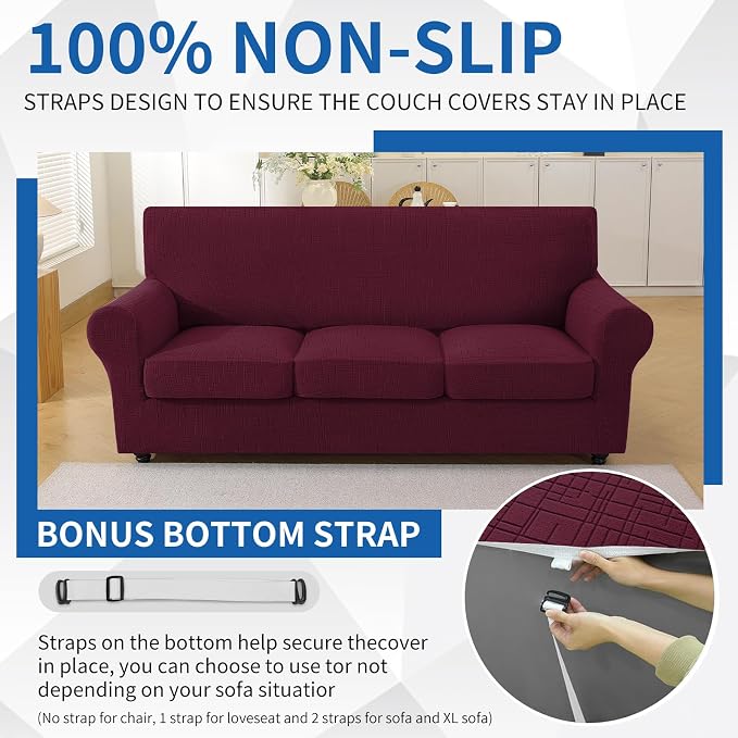 CYCMCAO 4 Piece Stretch Sofa Covers for 3 Cushion Couch, Non Slip Couch Covers for Sofa, Sofa Covers for Pets Washable, Couch Covers for Dogs,Kids (Burgundy), 71"-91" (3 Cushion Sofa) - Image 7