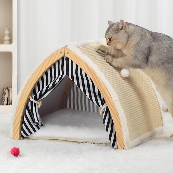 Cat House, Cat Beds for Indoor Cats, Cat Scratchers with Sisal Scratching Board, Cat Scratcher Bed with Fluffy Ball Hanging, Cat Condo 20x16x16 inches - Image 6