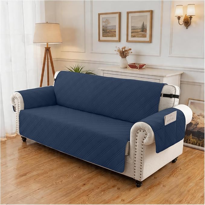 100% Waterproof Couch Cover for Dogs, Washable Anti-Slip Sofa Cover with Elastic Straps & Side Pockets, Quilted Furniture Protector for Kids & Pets (3 Cushion 68", Navyblue) - Image 8