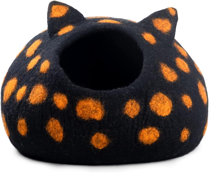 Wool Cat Cave Bed - Extra Warm, Handcrafted, Eco-Friendly Felt Cat Cave for Indoor Cats and Kittens (White Polka) by Woolygon (Black Polka) - Image 6