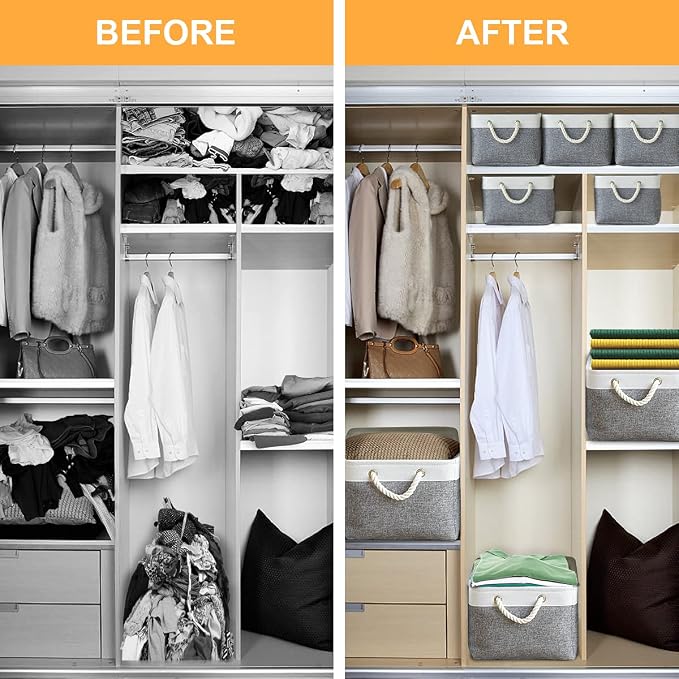 TheWarmHome Storage Basket for Organizing - 15.7x11.8x8.2 inch Large 3 Pack Collapsible Storage Bins for Shelves, Fabric Storage Cubes for Gift Closet Linen Organization (White & Grey) - Image 9