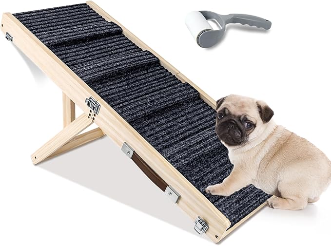 Wooden Folding Portable Pet Ramp. 4 Levels Adjustable 9" to 17.3" with Non-Slip 5 Paw Traction Mat for Small Medium Doggie. Dog Ramps-GY