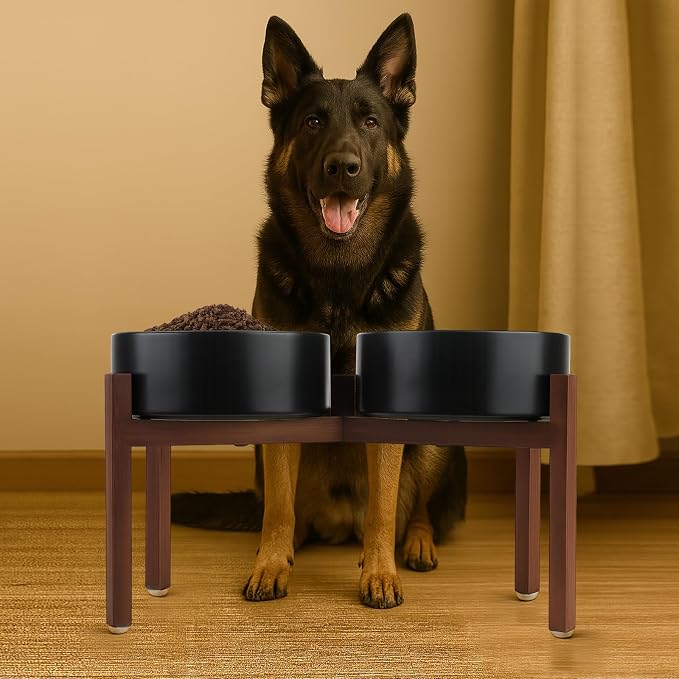SPUNKYJUNKY Raised Ceramic Dog Bowls Set with Non-Slip Acacia Wood Stand for Large Sized Dog(60.87 OZ, Black) - Image 6