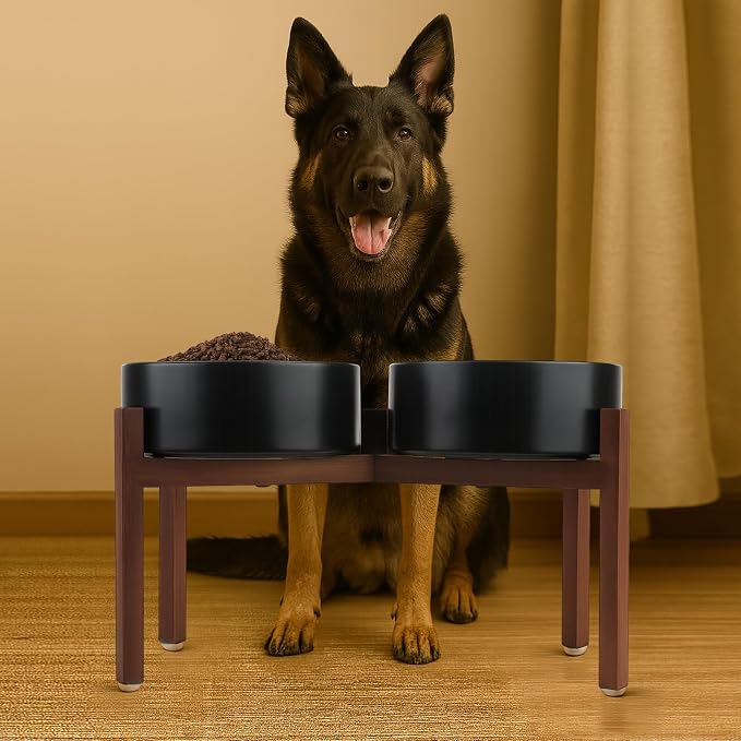 SPUNKYJUNKY Raised Ceramic Dog Bowls Set with Non-Slip Acacia Wood Stand for Large Sized Dog(60.87 OZ, Black) - Image 6