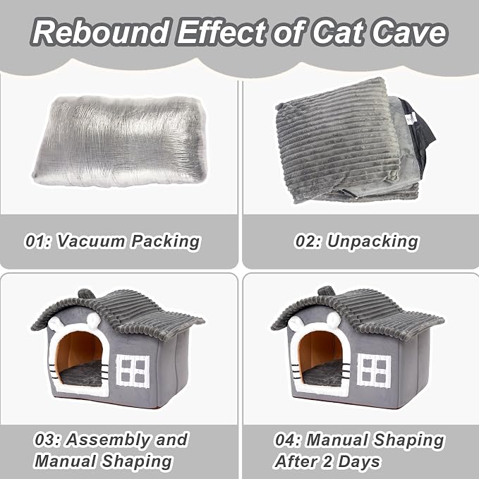 Jiupety Bear Cat Houses for Indoor Cats, Chimney Cute Cat Bed Cave, Enough Interior Space, Cartoon Soft Pet House Up to 3-7 lbs Kitten, Gray - Image 7