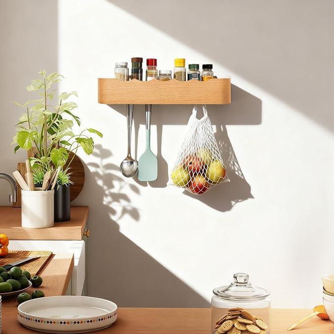 Coat Rack Wall Mount with Shelf Entryway Shelf Modern Key Holder Hanger Wall Shelves with Hidden Hooks for Hanging Towels Coats Hats Bags for Hallway Bathroom Bedroom(Wavy Oak, 5 Hooks) - Image 7