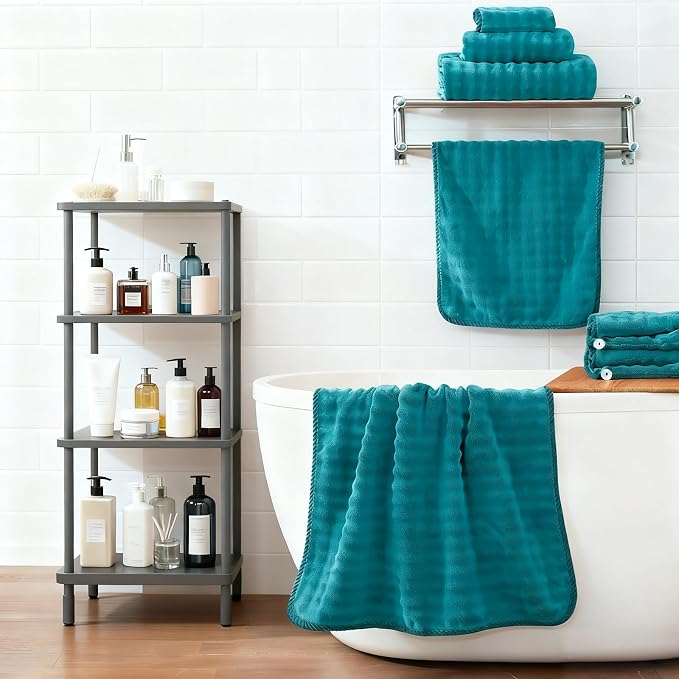 COZYART Lint Free 8 Pcs Bathroom Towels Set Ultra Soft Microfiber Teal | Ultra Fluffy, Thick, Highly Absorbent, Quick Dry, No Shedding, No Pilling, Fade Resistant, Durable, Long-lasting - Image 7