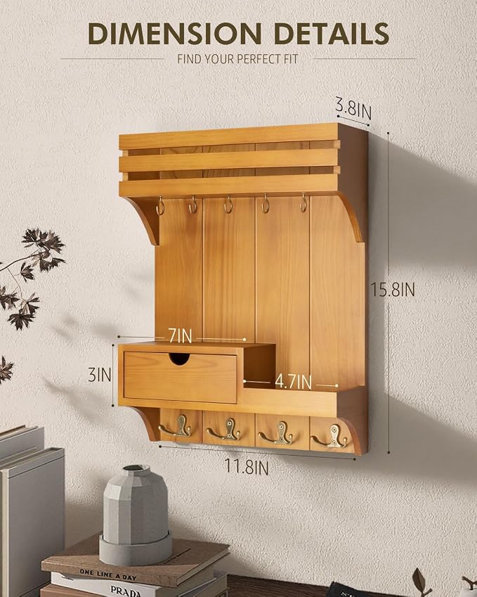 Rebee Vision Key Holder Wall Mount with Drawer for Room Decor, Light Brown | Pine Wood, Key Holder for Wall, 9 Key Hooks, Drawer Organizer, Floating Wall Shelf, Mail Sorter, Room Decor Aesthetic - Image 6